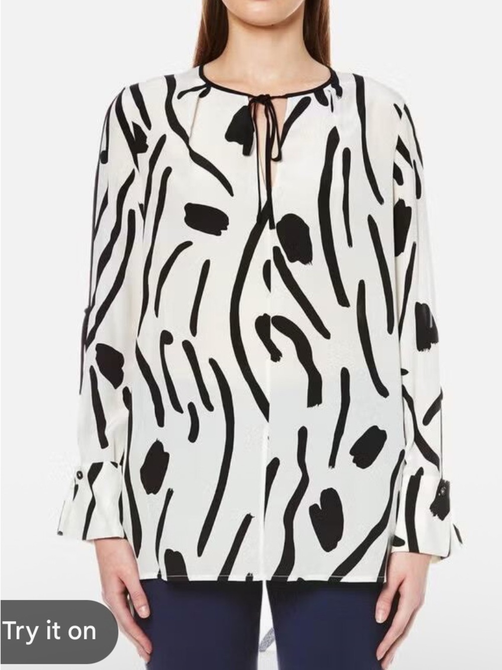 Diane Von Furstenberg Printed Silk Tie Sleeve Blouse Black White 0